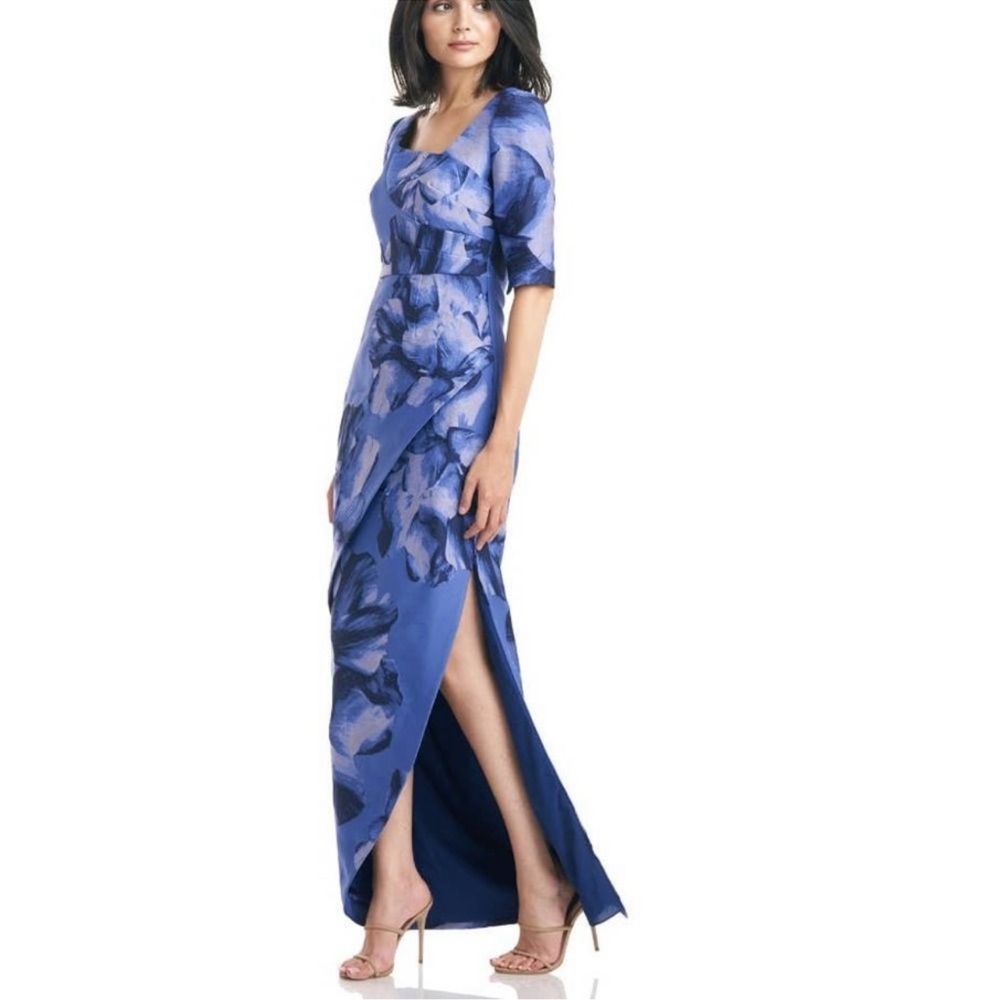 Kay Unger Floral Octavia Pleated Column Gown In Blue Lavender NWT! Reemoly